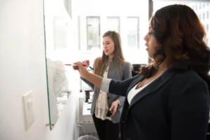real estate agents writing ideas on a whiteboard